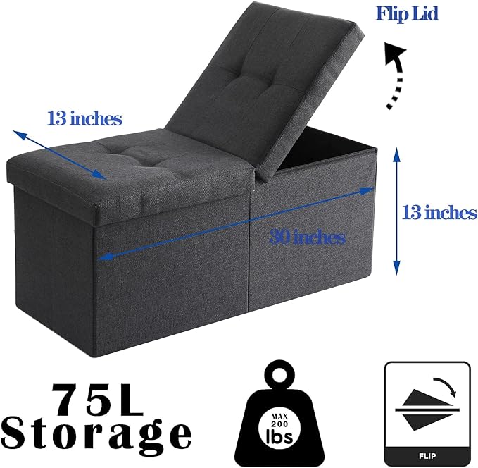 Storage Ottoman Bench Foldable Seat Footrest Shoe Bench End of Bed Storage with Flipping Lid, 75L Storage Space, 30 inches Linen Fabric Black