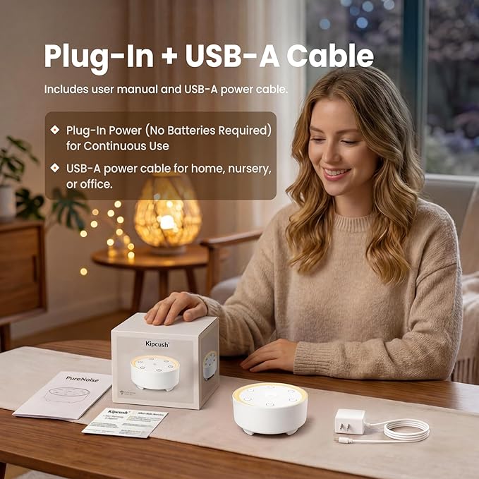 Kipcush Sleep Sound Machine - 21 High-Fidelity Non-Looping Sounds, Portable White Noise Machine for Baby, Kids & Adults, Dimmable Night Light, 6 Auto-Off Timers, USB Powered for Travel, Home & Office