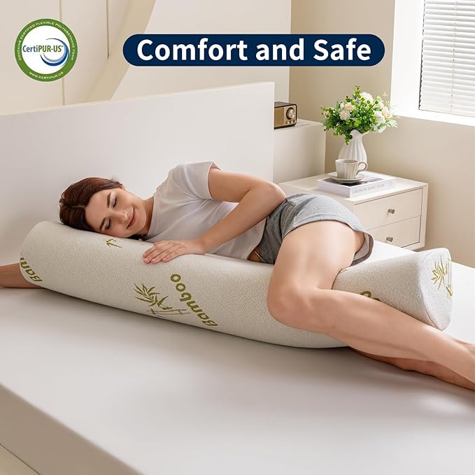 Body Pillow for Adults, Long Pillow for Back,Hip and Knee Support, Side Sleeper. Bolster Pillow Insert with High Resilience Foam, Soft Support for Pregnant Women, Washable Bamboo Cover