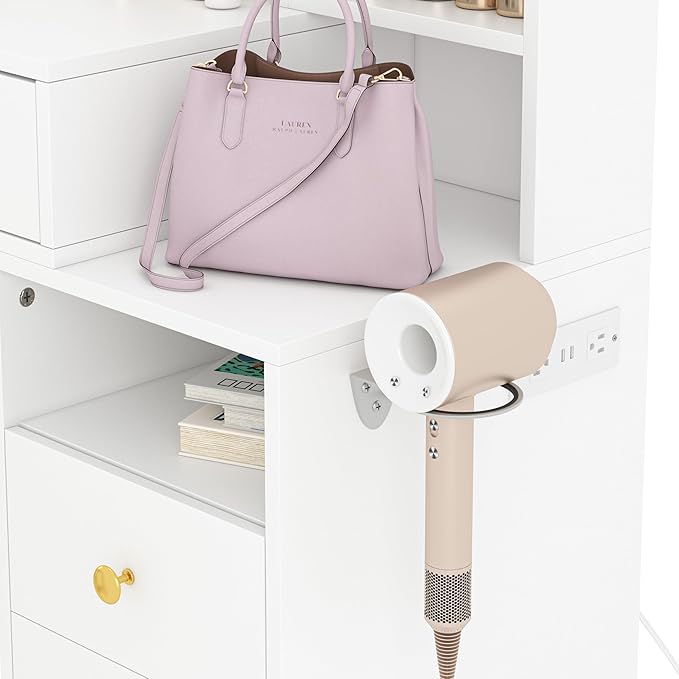 Modern Vanity Desk with HD Mirror and Lights, Makeup Table with 4 Drawers and Glass Cabinet, 3 Lighting Color Adjustable, Girls Dressing for Bedroom