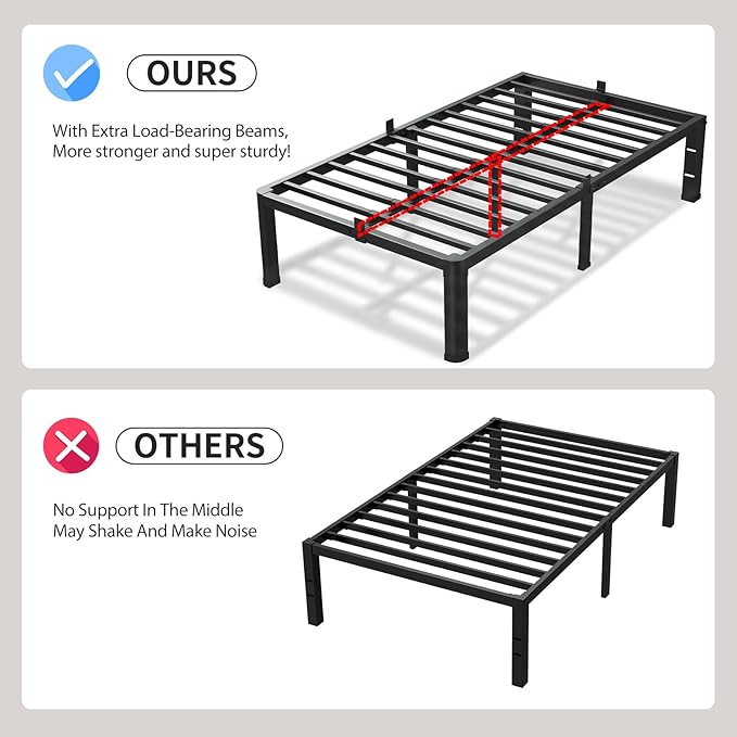VIPSHOW 18 Inch Twin Size Bed Frame, 3500Lbs Heavy Duty Metal Platform with Round Corner Legs Mattress Slide Stopper, Steel Slat Support No Box Spring Needed, Noise Free, Non-Slip, Easy Assembly