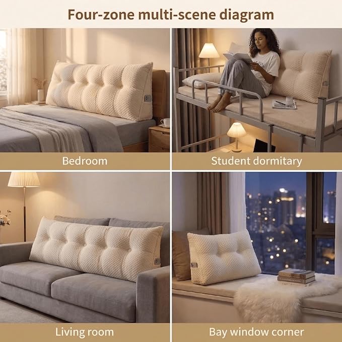 Headboard Pillow Queen Size, Reading Pillow for Bed, Wave Pattern Wedge Pillow, Tufted Backrest Support, Headboard Substitute, Beige