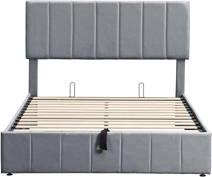 Harper & Bright Designs Upholstered Full beds Gas Lift Up Storage Platform Bed Frame with Tufted Headboard Wooden Slat Support and Under Bed Storage, Grey