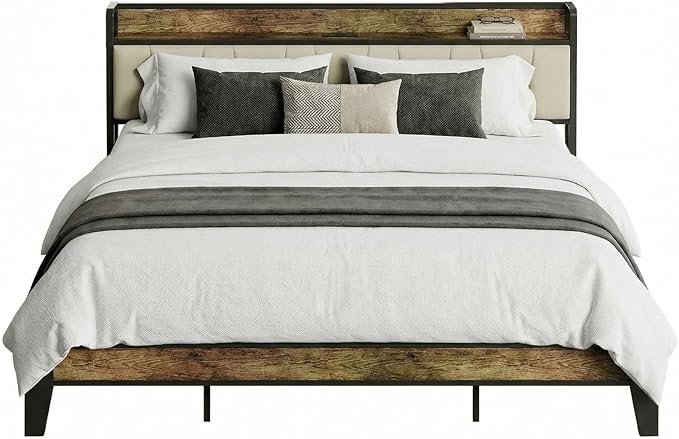 LIKIMIO California King Bed Frame, Storage Headboard with Charging Station, Solid and Stable, Noise Free, No Box Spring Needed, Easy Assembly (Walnut and Beige)