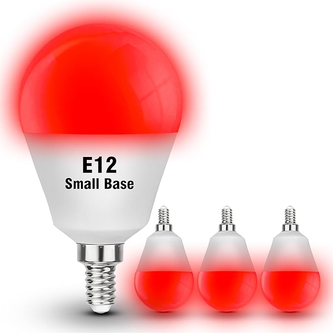 E12 Candelabra Small Base Red Light Bulbs for Sleep 25w-40w Equivalent, 625nm Red Night Light 3W 300LM, E12 G45 Blue Light Blocking for Bedroom Porch Christmas Holiday Festival, Non-Dimmable, 4 Pack