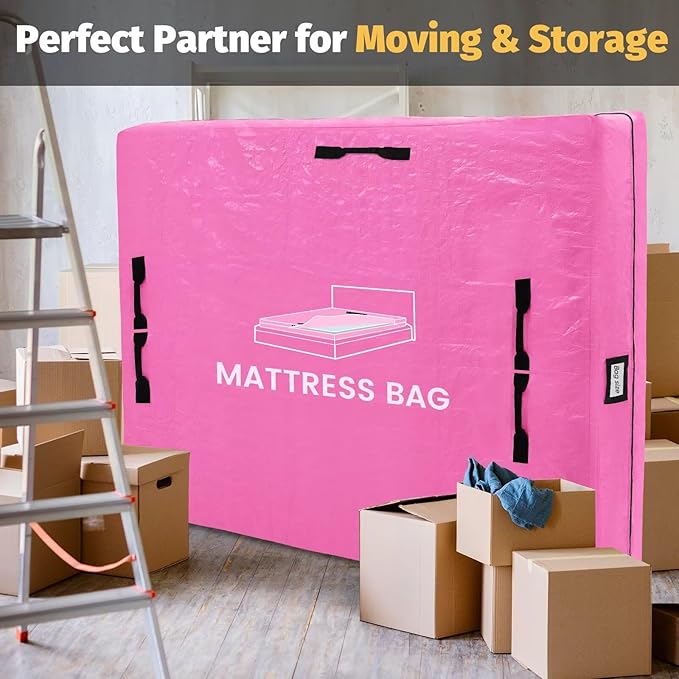 Mattress Bags for Moving and Storage, BETU Queen Mattress Protector Waterproof Mattress Cover with 8 Heavy Duty Handles and Zipper Extra Thick Moving Supplies for Bed Reusable (82x62x13.5 Pink)