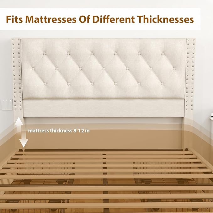 EVLIQUIL Bed Frame Queen Size with 4 Storage Drawers, Upholstered Headboard & Frame, Sturdy Metal Frame & Wood Slats, Platform Bed Frame No Box Spring Needed, Easy Assembly, Beige