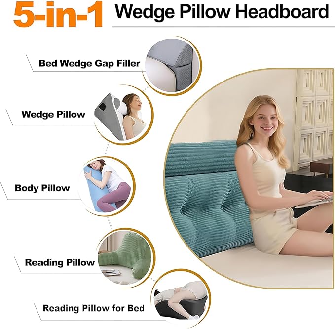 Headboard Pillow King, Large Triangular Wedge Cushion with Neck Roll Pillow for Reading Sitting Working, Backrest Positioning Support Bodypillow with Removable Washable Cover for Bed Dorm Sofa