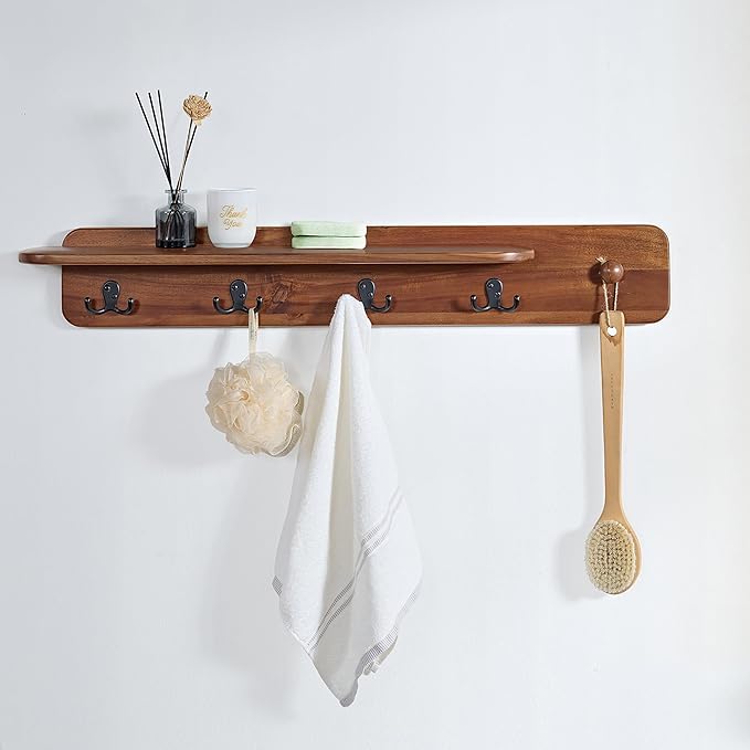 Alaterre Furniture Calais 36 Inch Wall Mount Coat Rack with Shelf with 4 Coat Hooks and Peg – Acacia Wood Wall Hangers (Chestnut)