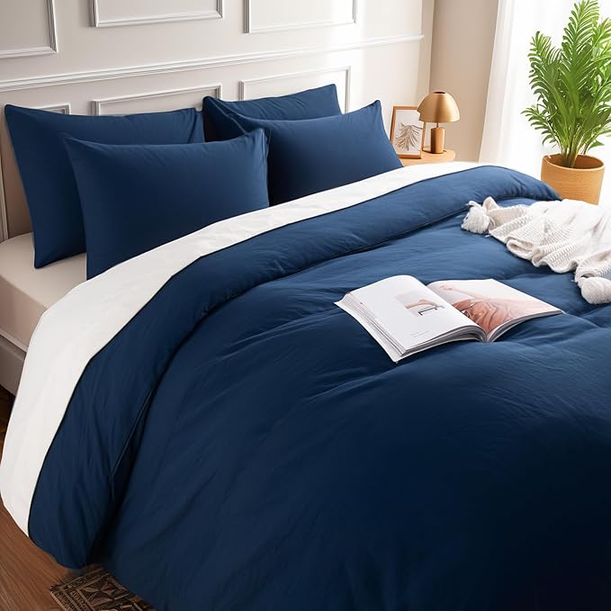 NEXHOME PRO Queen Duvet Cover Set, 100% Certified Organic Cotton with Washed Feel & Linen-Like Texture, Comfortable & Breathable, Home Bedding Set Navy (No Comforter)