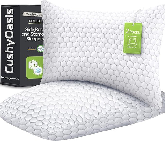 CushyOasis Shredded Memory Foam Pillow for Sleeping, Cooling Bed Pillows Set of 2, Adjustable Pillows for Side, Back, Stomach Sleepers with Washable Pillowcase (King Size, Grey)