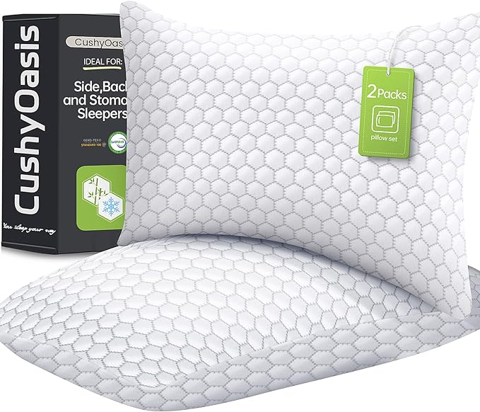 CushyOasis Shredded Memory Foam Pillow for Sleeping, Cooling Bed Pillows Set of 2, Adjustable Pillows for Side, Back, Stomach Sleepers with Washable Pillowcase (Queen Size, Grey)