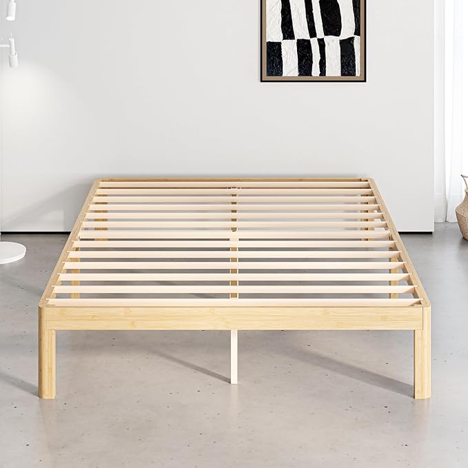 14 Inch High Bamboo Wood Full Size Bed Frame Platform, Metal Slat Support Bed Frame Full Size, No Box Spring Needed, Easy Assembly, Noise Free, Reinforced