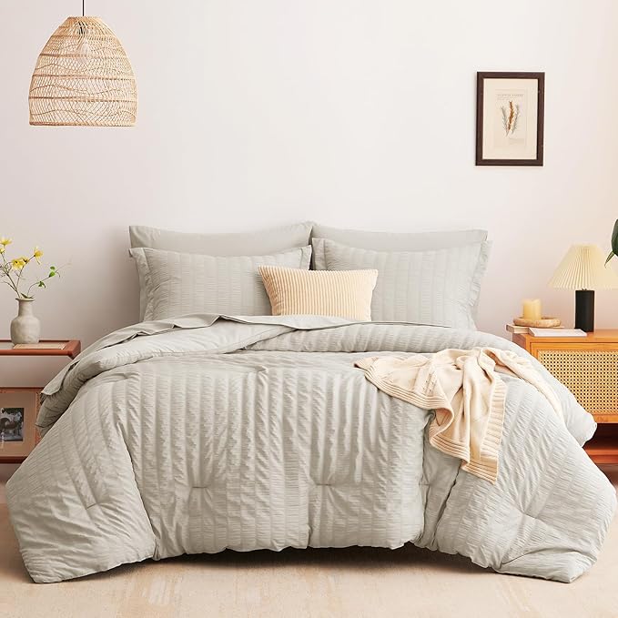 CozyLux Twin Comforter Set with Sheets 5 Pieces, Beige Seersucker Textured Bed in a Bag for Bedroom, Luxury Soft Bedding Sets with Down Alternative Comforter, Sheets, Pillowcase & Sham for All Seasons