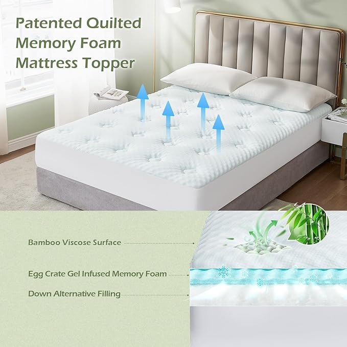 Hansleep Memory Foam Mattress Pad Topper King, King Size Mattress Topper Viscose Derived from Bamboo, King Foam Bed Mattress Pad Cover for Back Pain Relief, 78" x 80", White