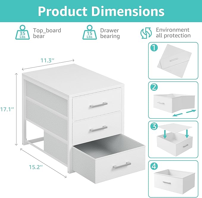 BOLUO Closet Drawers White Fabric 3 Drawer Small Dresser for Closet Organizers and Storage Bedroom Dorm Modern