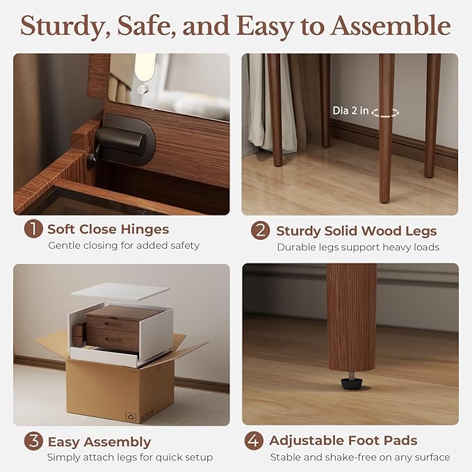 Muwuele Solid Wood Small Vanity Desk with Mirror and Lights, Narrow Makeup Vanity for Small Space, Flip Top Vanity Side Table, 3 Color Modes & Adjustable Brightness, 19.6" Slim Dressing Table, Walnut