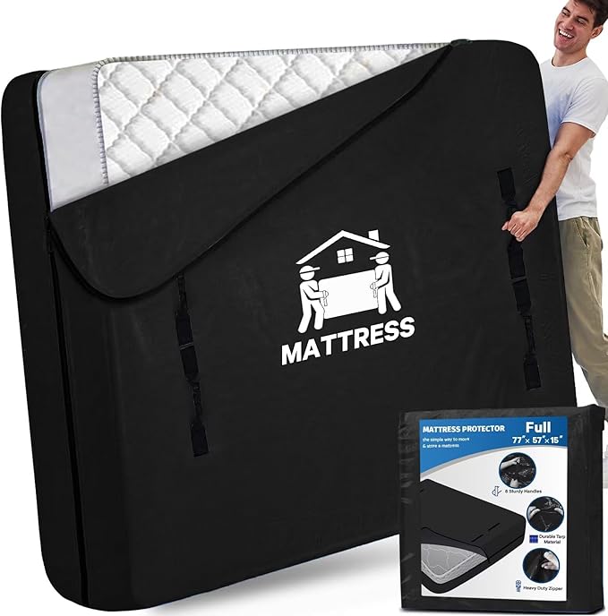 Mattress Bags for Moving, BETU Mattress Protector Waterproof Mattress Cover Full Size Storage Bags with 8 Heavy-Duty Handles and Zipper for Bed Extra Thick Large Reusable (77"x57"x15" Black)