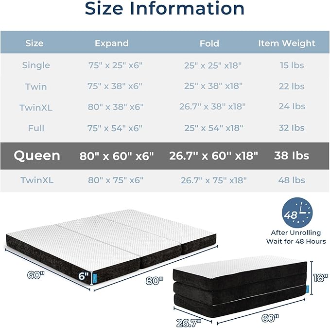 Odorless Foldable Mattress Queen Size 80" x 60" x 6", 6 Inch Folding Foam Mattress with Storage Bag, Fiberglass Free Trifold Memory Foam Mattress for RV, Guest Bed