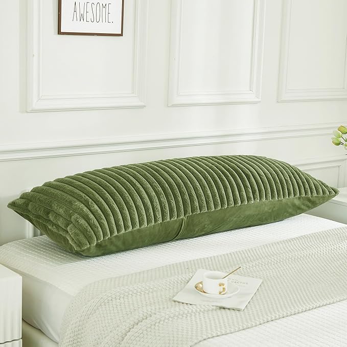 JAUXIO Faux Fur Fluffy Body Pillow Cover Luxury Textured Vertical Stripe Plush Decorative Body Pillowcase, Ultra Soft and Cozy Zipper Closure 21 x 54 Inches, Sage