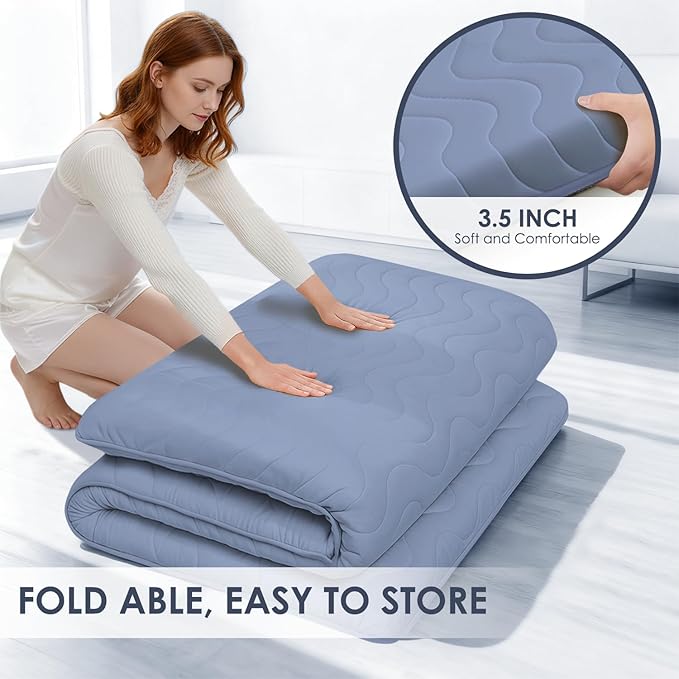 Japanese Floor Mattress, 100% High Density Comfortable Foam, 4" Thicken Foldable Mattress Tatami Mat Sleeping Pad, Ideal for Comfort and Support, Kids Floor Lounger Pillow Bed Sofa, Blue, Twin