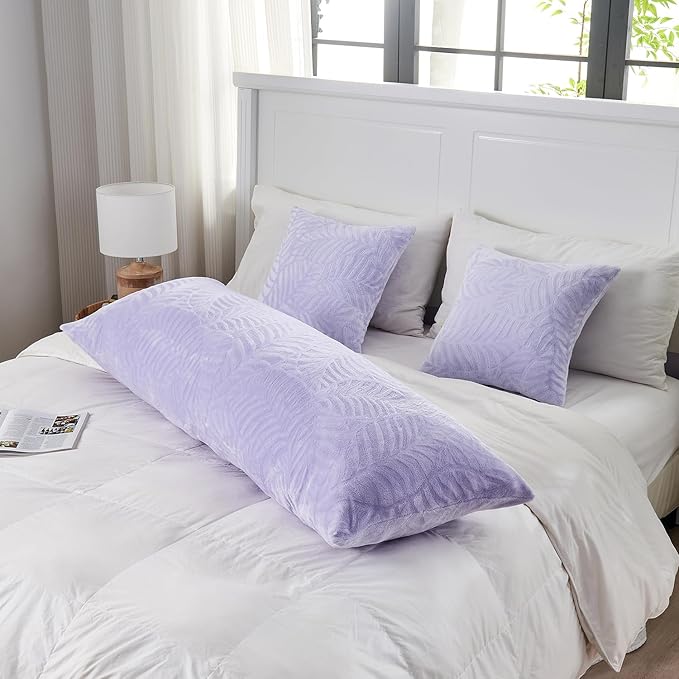 SOCHOW Body Pillow Cover 21x54 Inches, Super Soft and Cozy Leaves Textured Fleece Long Body Pillowcase with Zipper Closure,1 Pack, Lilac