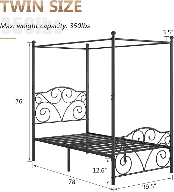 VECELO Metal Canopy Bed Frame Twin Size, 4 Posters Platform Mattress Foundation with Headboard, Heavy Duty Steel Slats Support, No Box Spring Needed, Black