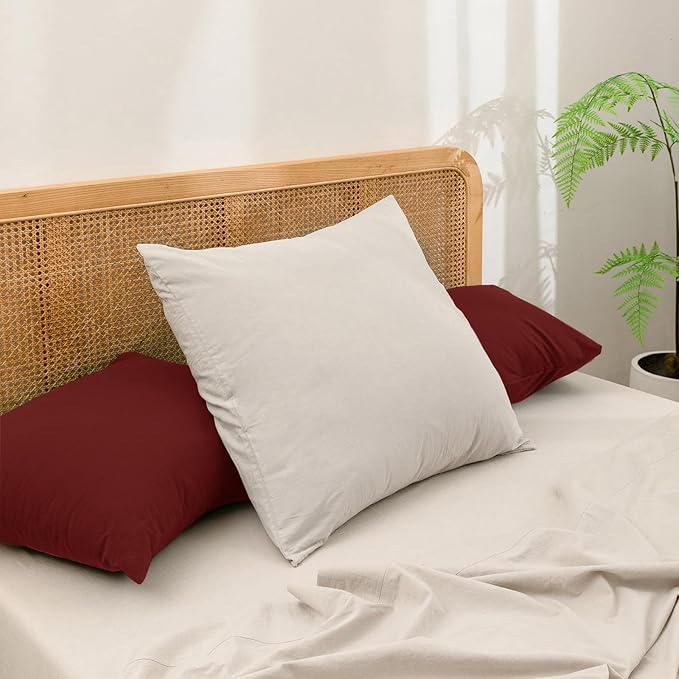 BESTOUCH 100% Washed Cotton Pillowcase for Hair and Skin Linen Feel Soft Comfortable Breathable 2 Set Pillow Case with Envelope Closure Solid Fired Brick Red King 20x36 Inches
