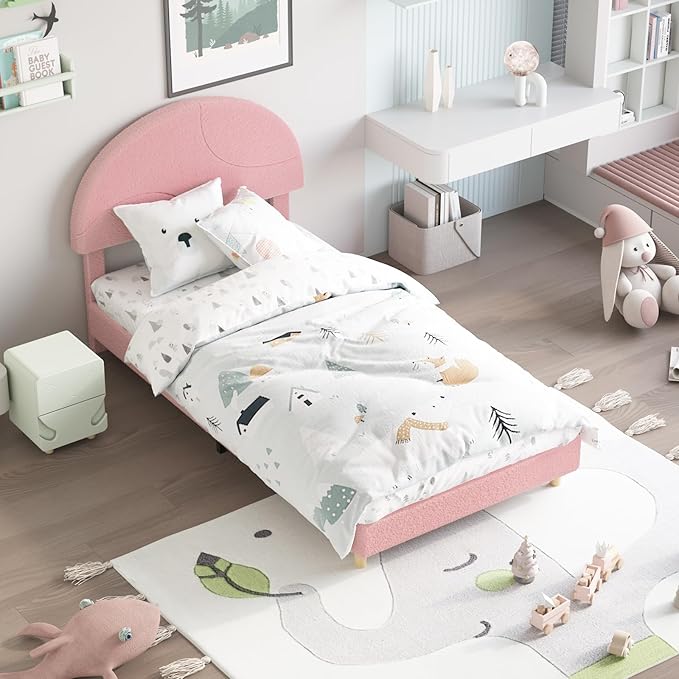 Garvee Twin Bed Frame with Round Boucle Headboard, Upholstered Arch-Shaped Design in Soft Pink, Modern Bed with Wooden Slats, No Box Spring Required and Easy Assembly