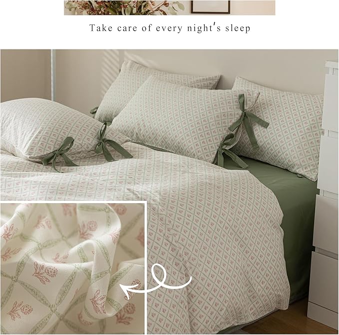 mixinni Red Floral Duvet Cover Set Queen Size - 100% Cotton Green Grid Bedding with Bow Ties, 3PC Cottagecore Comforter Cover (1 Duvet Cover + 2 Pillowcases) Vintage Garden Style Soft Aesthetic