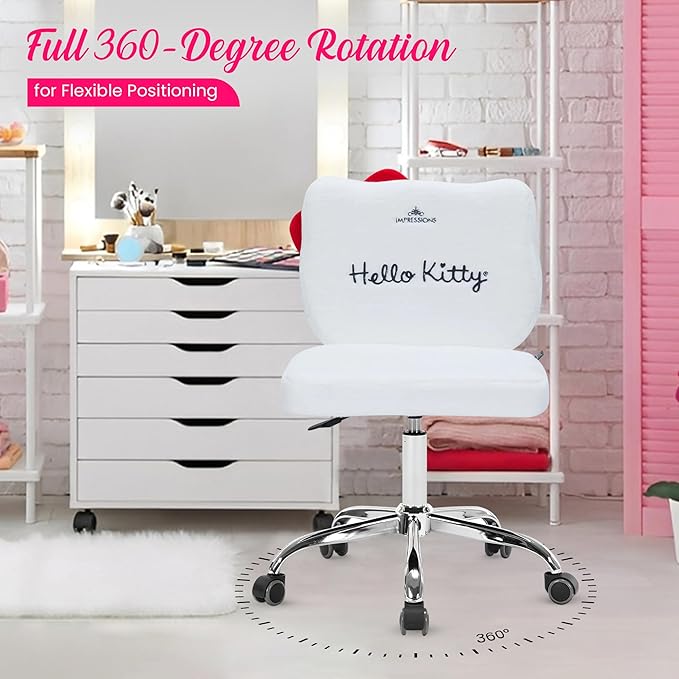 Impressions Vanity Hello Kitty Teddy Swivel Vanity Chair for Makeup Desk, Armless Rolling Chair with Wheels, Adjustable Height, 360 Degree Swing, Comfy Foam Padded Seat and Backrest (Teddy White)
