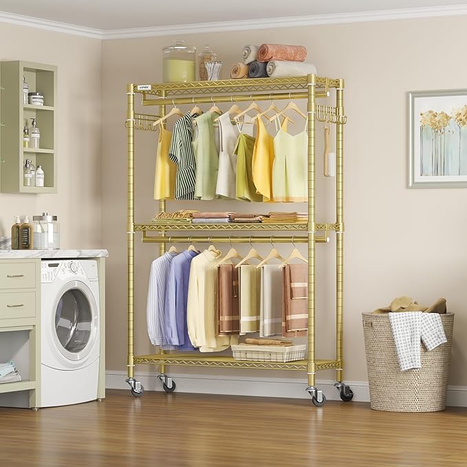 VIPEK R2 Plus Rolling Clothes Rack for Hanging Clothes Heavy Duty Garment Rack 3 Tiers Adjustable Wire Shelving Clothing Racks with Double Hanging Rods, Closet Organizers and Storage, Gold