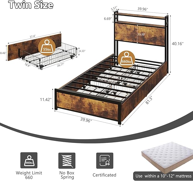 VINGLI Bed Frame Twin Size with 4 Storage Drawers and Storage Headboard, Metal Platform with Charging Station and LED Lights, No Box Spring Needed, Easy Assembly, Vintage Brown