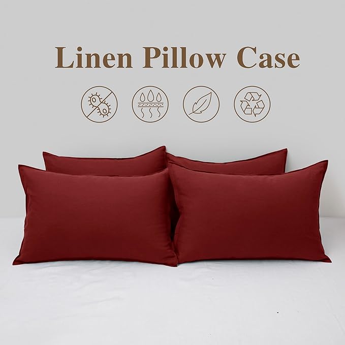 CHUFFED Linen Pillow Covers 2 Pack 100% Linen Pillow Cases, Breathable and Cooling Washed Pillow Shams with Zipper Closure for Bedding, 26x26 Inches,Christmas Red