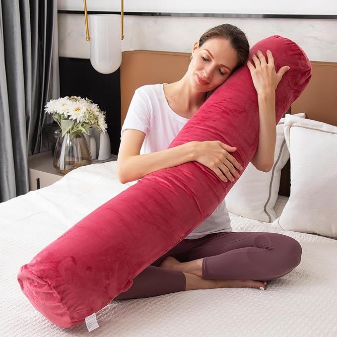 1 MIDDLE ONE Bolster Pillow for Bed, Long Round Body Pillow for Adults with Removable Velvet Cover, Decorative Tube Roll Cylinder Pillow, 47 x 7.87 Inch, Red