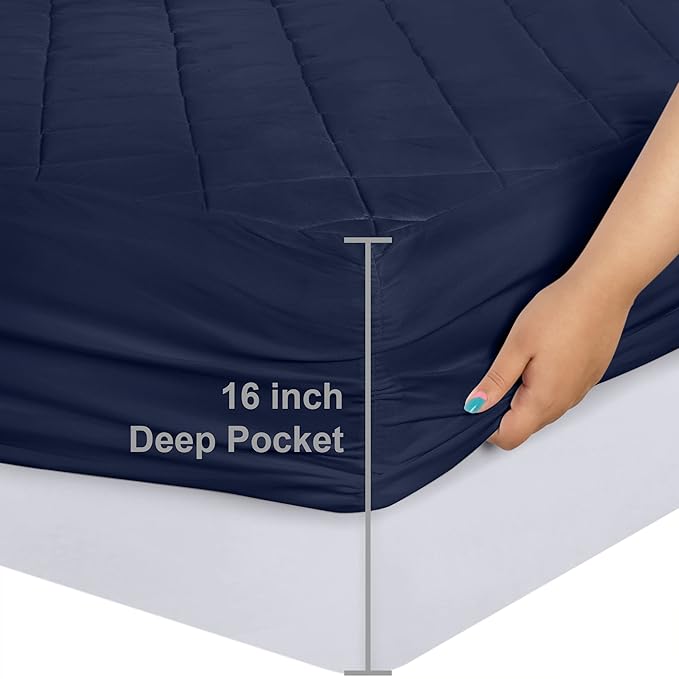 Utopia Bedding Quilted Fitted Mattress Pad, Full Size, Elastic Fitted Mattress Topper Protector and Cover with Deep Pocket Stretches up to 16 Inches, Machine Washable (Navy)