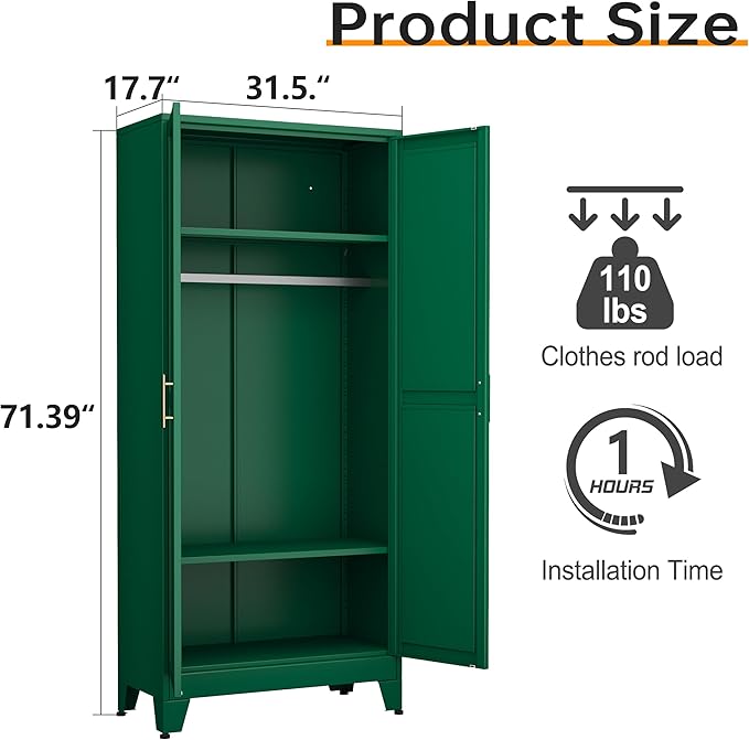 Metal Armoire Wardrobe Closet with Hanging Rod, Clothing Storage Cabinet with Adjustable Shelves for Laundry Room, Bedroom, Home Office, Bathroom, 71" Green