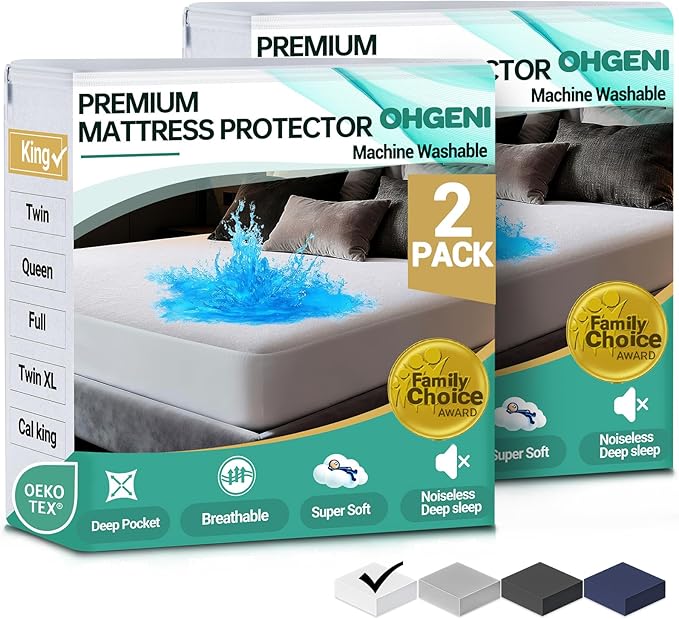 OhGeni 2 Pack Waterproof Mattress Protector, King Size Fitted Sheet with Deep Pocket, 6''-18'' Washable Hypoallergenic Mattresses Cover, Noiseless Soft Mattress Pad, Bedroom Essential,Pee & Dirt-Proof