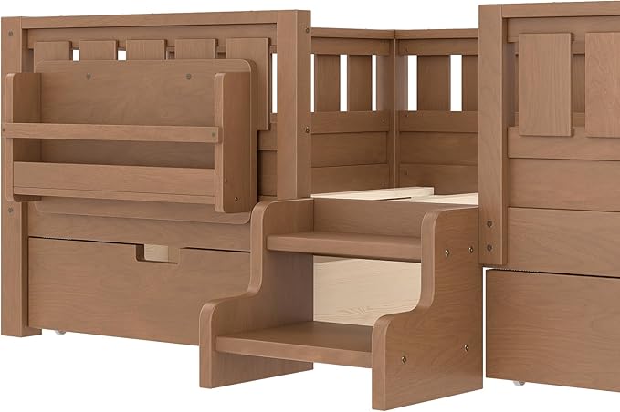 Bellemave Full Size Bed Frame with Storage Drawers & Bookshelf, Low Profile Kids Bed with Staircase & Full Length Guardrails, Solid Wood Full Size Bed Frame Kids with Slats Load 450 LBS, Oak Brown