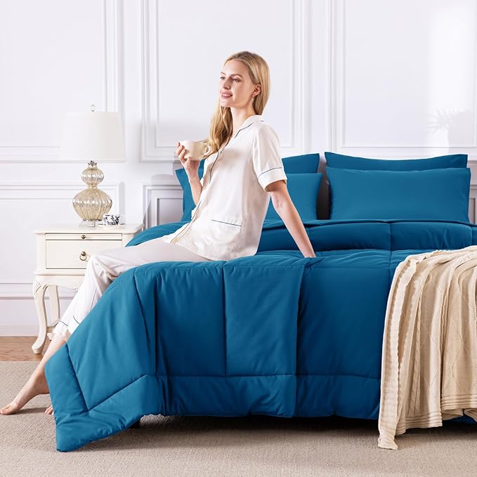 CozyLux Queen Comforter Set Teal, 7 Pieces Bed in a Bag, Teal Comforters Queen Size, All Season Bedding Sets with Stitch Quilted Comforter, Flat Sheet, Fitted Sheet, Pillowcases