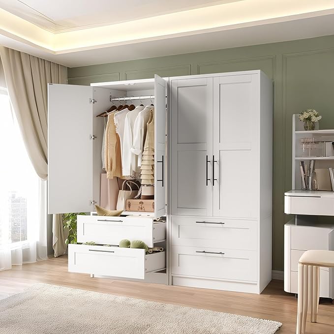 Garvee Armoire Wardrobe Closet with 2 Drawers, 70 in Tall Clothing Storage Cabinet with 2 Doors, Modern Bedroom Clothing Armoires with Hanging Rods, White