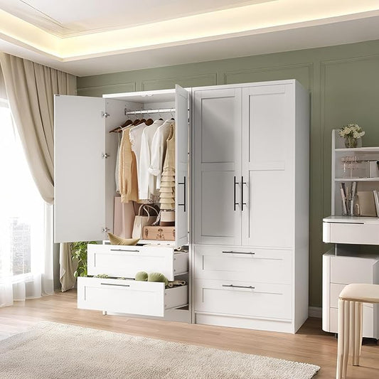 Garvee Armoire Wardrobe Closet with 2 Drawers, 70 in Tall Clothing Storage Cabinet with 2 Doors, Modern Bedroom Clothing Armoires with Hanging Rods, White