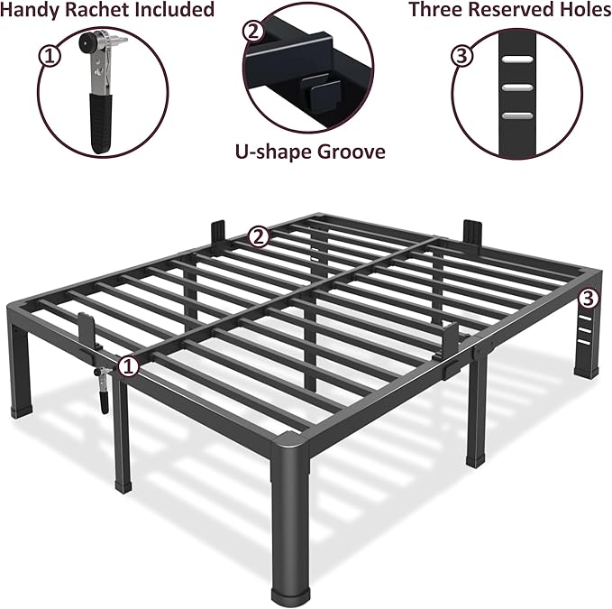 Bilily 14 Inch Full Size Bed Frame Metal Platform with Round Corner Legs,3500 LBS Heavy Duty Steel Slats Support,Headboard Holes,No Box Spring Needed,Easy Assembly,Mattress Retainer,Underbed Storage
