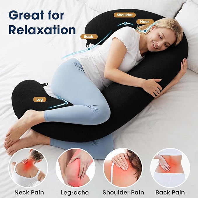 TranquilRelax C Shaped Body Pillow for Side Sleepers, Memory Foam Long Pillow for Leg, Hip & Back Support, Soft Washable Cover,Black-53 * 10"