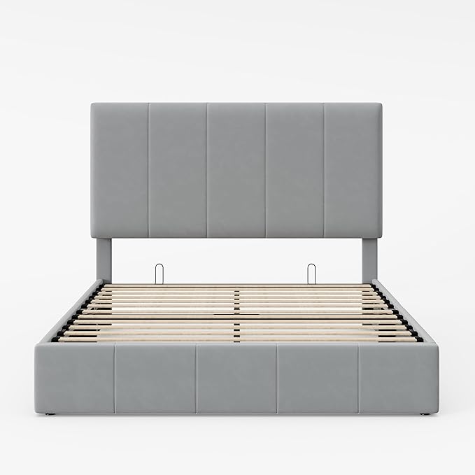 Allewie Queen Size Velvet Lift Up Storage Bed Frame, Vertical Channel Tufted Headboard, Hydrualic Underneath Storage, Upholstered Platform Bed, Wooden Slats Support, No Box Spring Needed, Gray