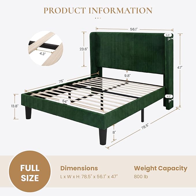 SHA CERLIN Full Size Corduroy Upholstered Platform Bed Frame with Vertical Channel Tufted Wingback Headboard, 8" Under Bed Storage, Wooden Slats & Metal Frame Support, Easy Assembly, Dark Green