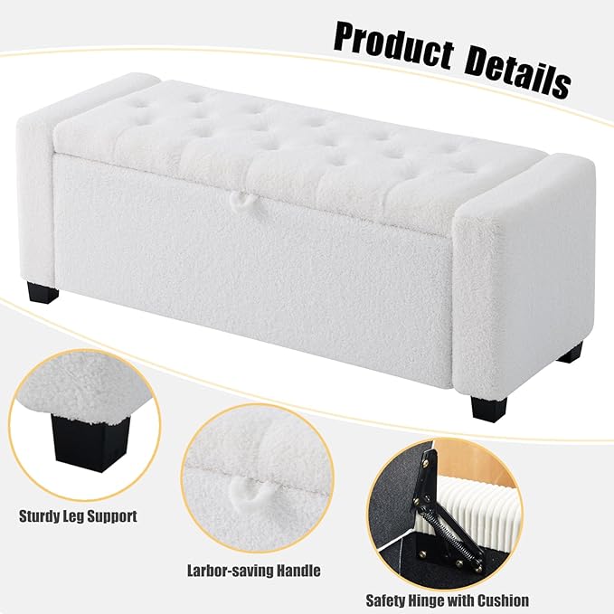 43 Inch Storage Ottoman Bench, Bench for Bedroom End of Bed, Ottoman with Storage for Living Room and Entryway (Teddy White)