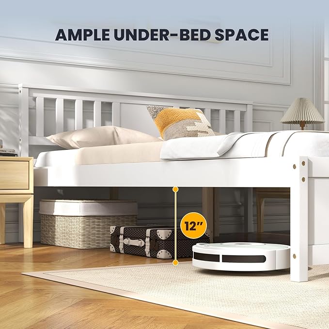Giantex Full Size Solid Wood Platform Bed Frame, Mid Century Full Bed Frame with Headboard, Wood Slat Support, Double Panel Bed, No Box Spring Needed, Easy Assembly, White