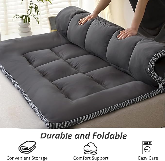 Thick Mattress Topper Twin Size - Non-Slip Mattress Pad Cover for Back Pain Breathable Folding Sleeping Pad Machine Washable Mattress Protector (39x75 inch,Black)