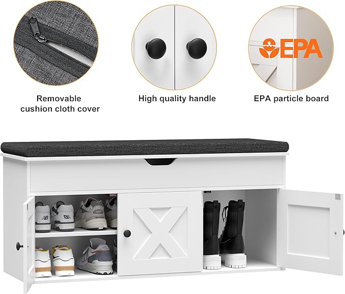 Homleke Shoe Storage Bench with Lift Top & 3 Barn Doors, Entryway Bench with Removable Cushion, Adjustable Shelf, Hidden Storage Cabinet for Hallway, Living Room, Bedroom - White